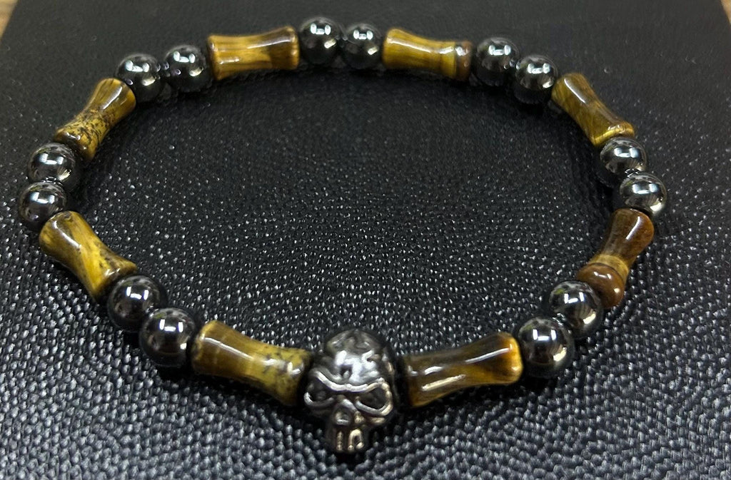 Men's Pirate Skull Bracelet: Tiger Eye, Hematite, Captain Black's Collection