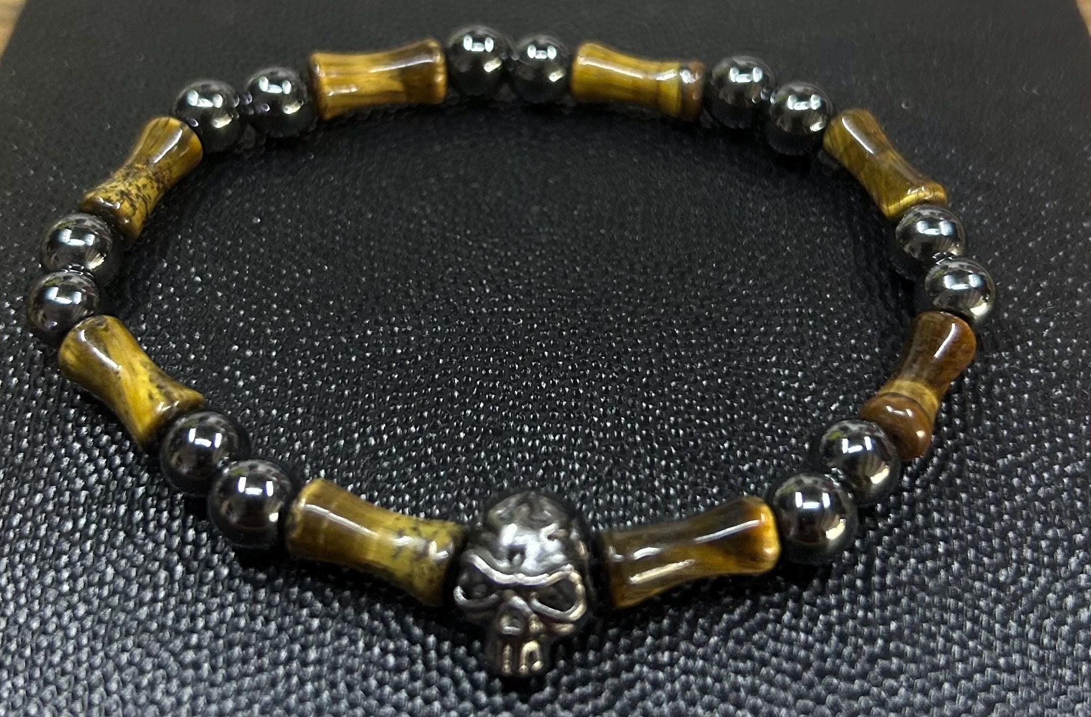 Men's Pirate Skull Bracelet: Tiger Eye, Hematite, Captain Black's Collection