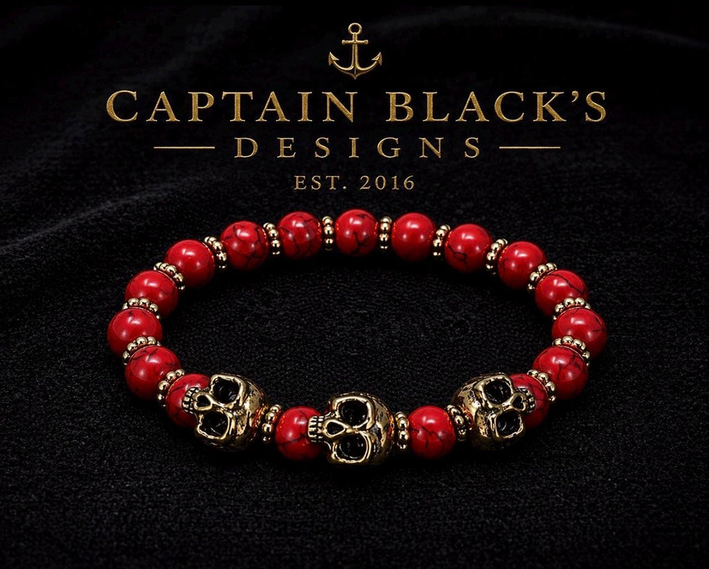 Red Marbled Skull Bracelet: Pirate Gothic Beaded Jewelry