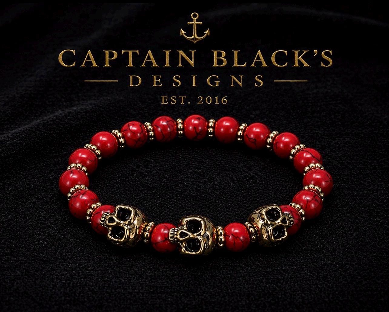 Red Marbled Skull Bracelet: Pirate Gothic Beaded Jewelry