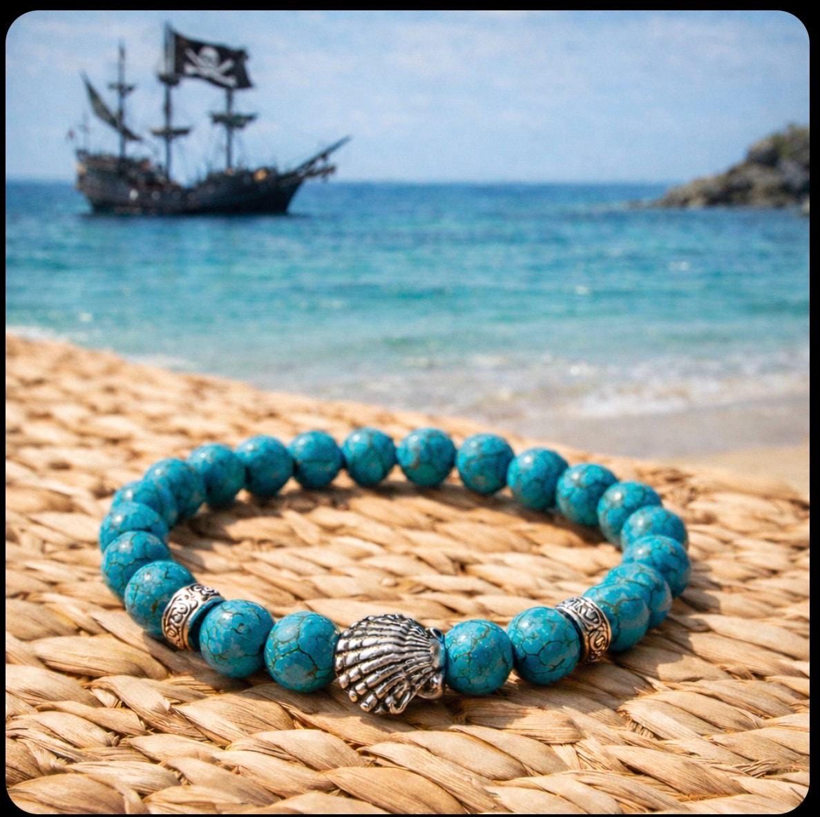 Turquoise Bracelet Sea Shell Beaded Stretch Bracelet Gift for Her Boho Jewelry
