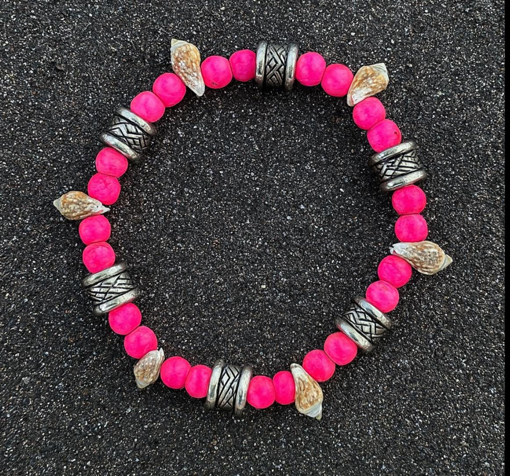 Pink Beaded Bracelet with Silver Accents & Conch Shells