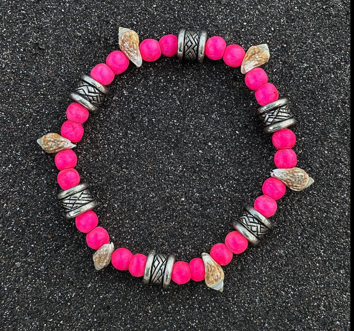 Pink Beaded Bracelet with Silver Accents & Conch Shells