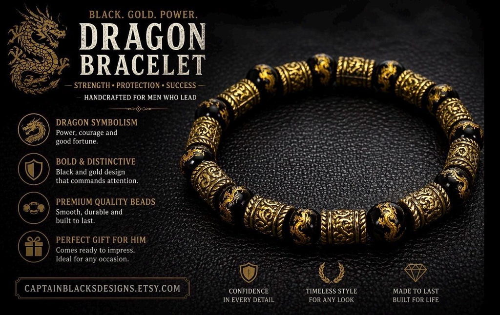 Black Gold Dragon Bracelet, Men's Asian Inspired Beaded Jewelry