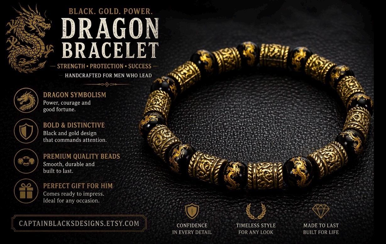 Black Gold Dragon Bracelet, Men's Asian Inspired Beaded Jewelry
