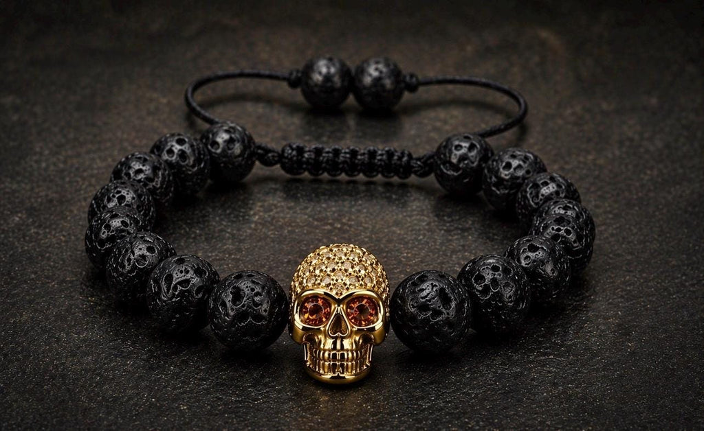 Pirate Collection. Captain Black Skull Lava Bracelet Collection | Gold Skull Bead Bracelet for Men