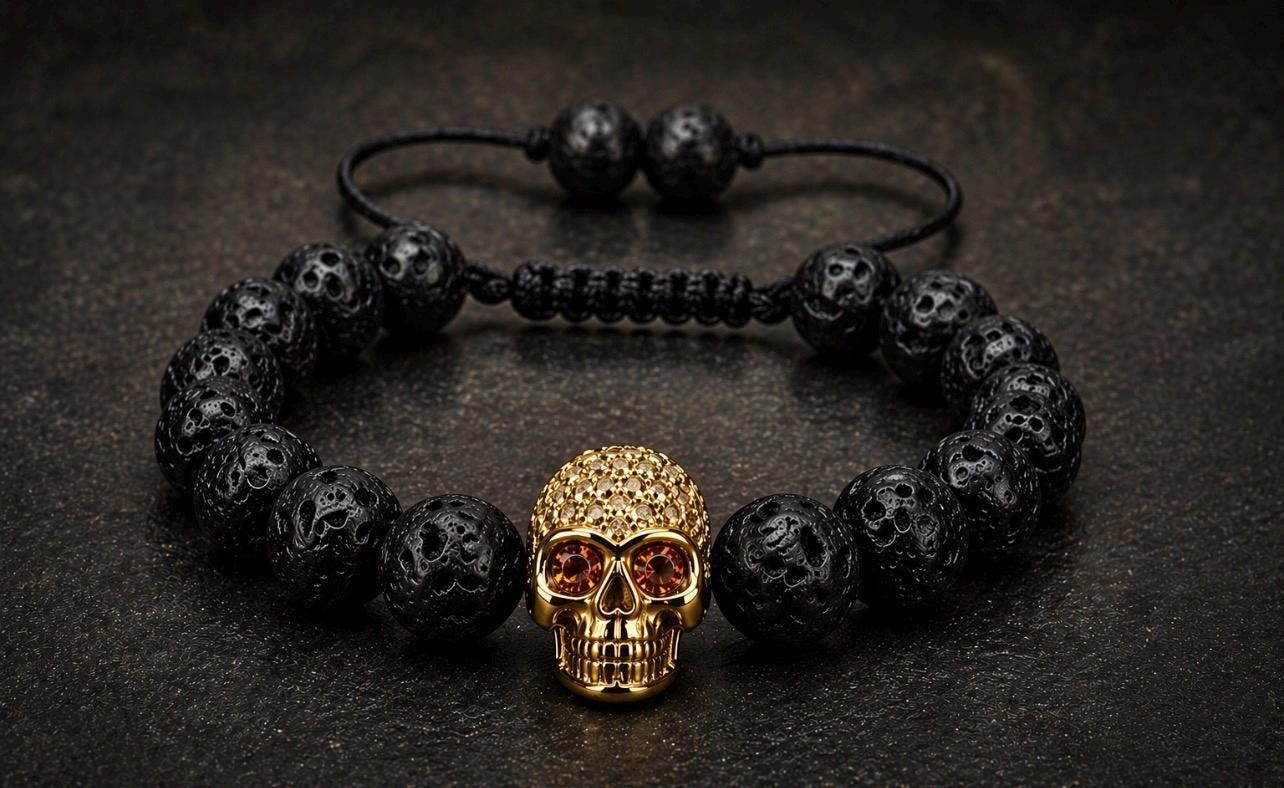 Pirate Collection. Captain Black Skull Lava Bracelet Collection | Gold Skull Bead Bracelet for Men