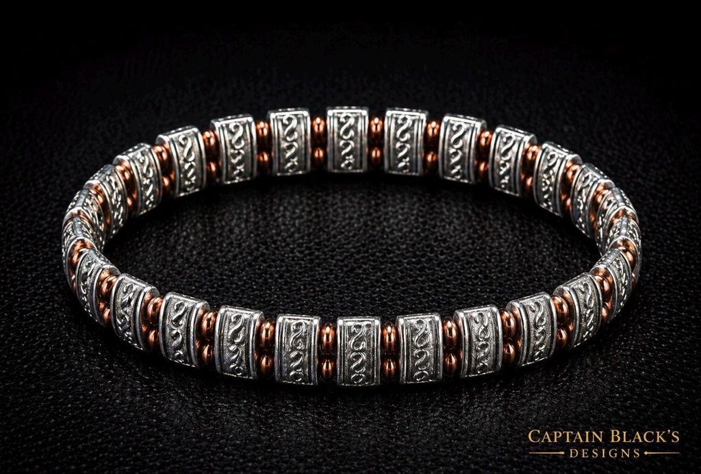 Engraved Silver-Toned Copper Beaded Bracelet – Men’s Modern Masculine Jewelry
