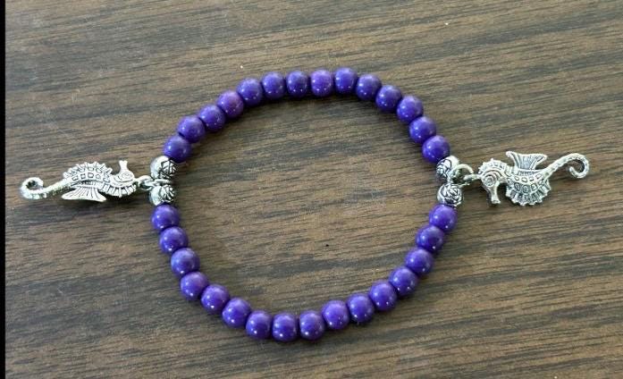 Purple Beaded Bracelet, Silver Seahorse Charm