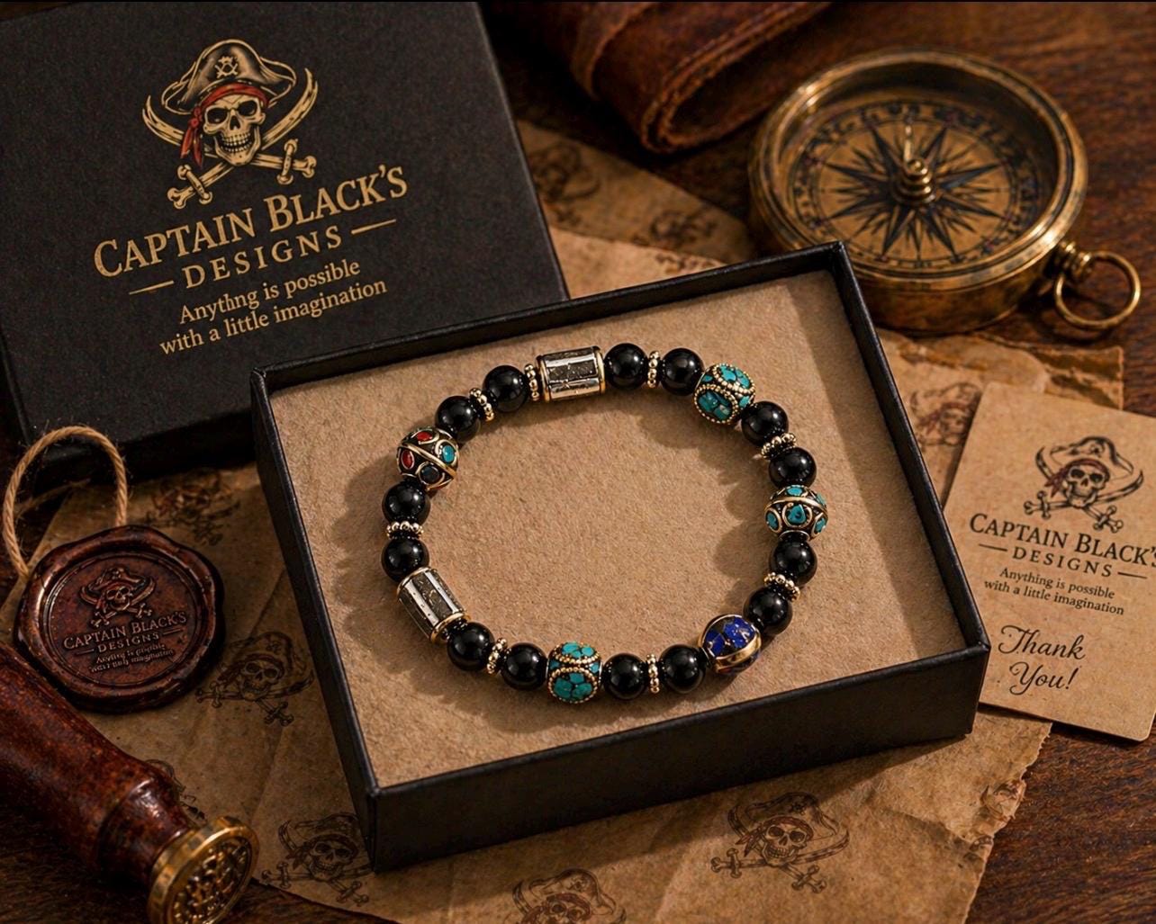 Merchant’s Compass Bracelet – Black Beaded Travel Jewelry – Artisan Inlay Accents