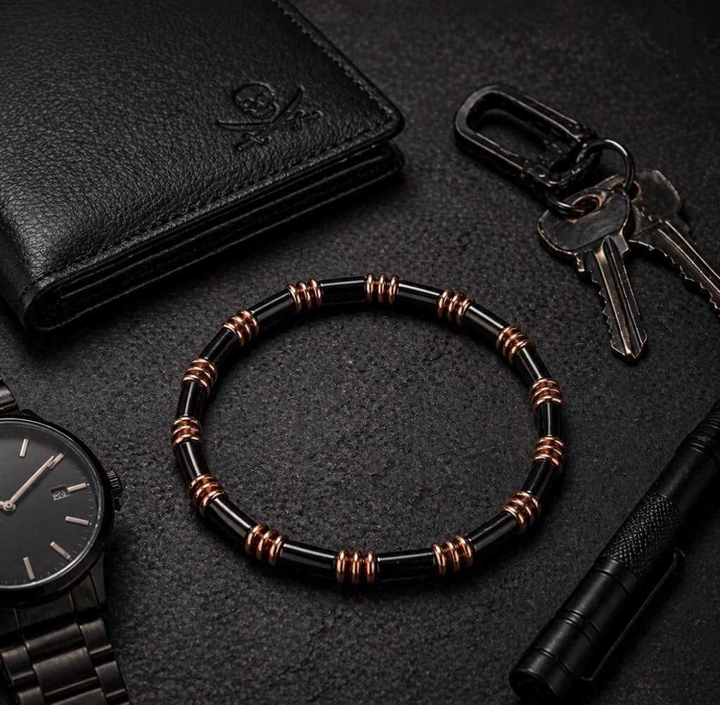 Copper Vector Bracelet – Black Tube Beads, Industrial Minimalist Jewelry