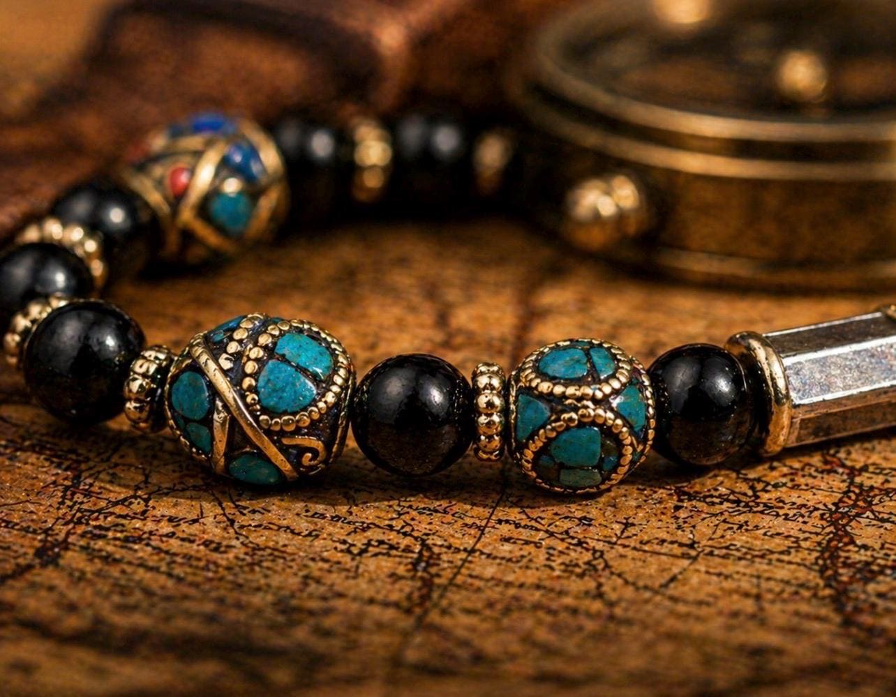Merchant’s Compass Bracelet – Black Beaded Travel Jewelry – Artisan Inlay Accents