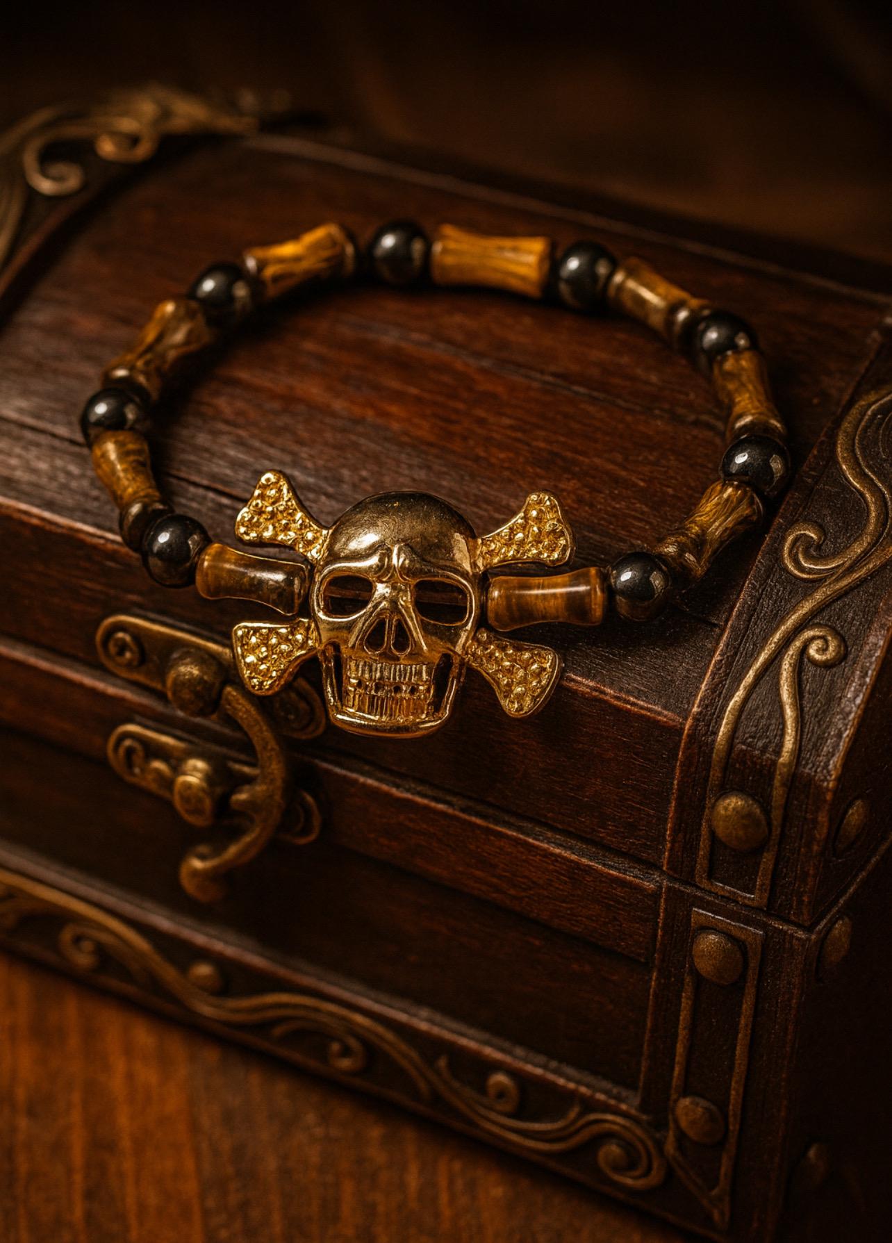 Gold Skull & Bamboo Beaded Pirate Bracelet