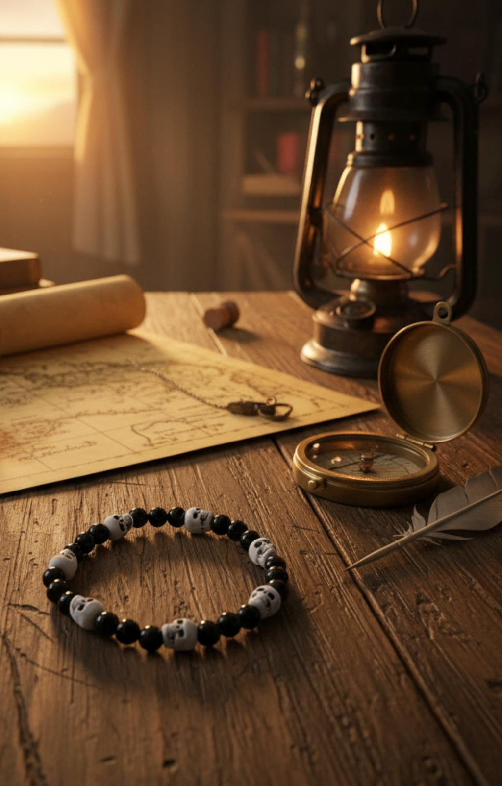 Skull Bracelet: Black Onyx Pirate Beads