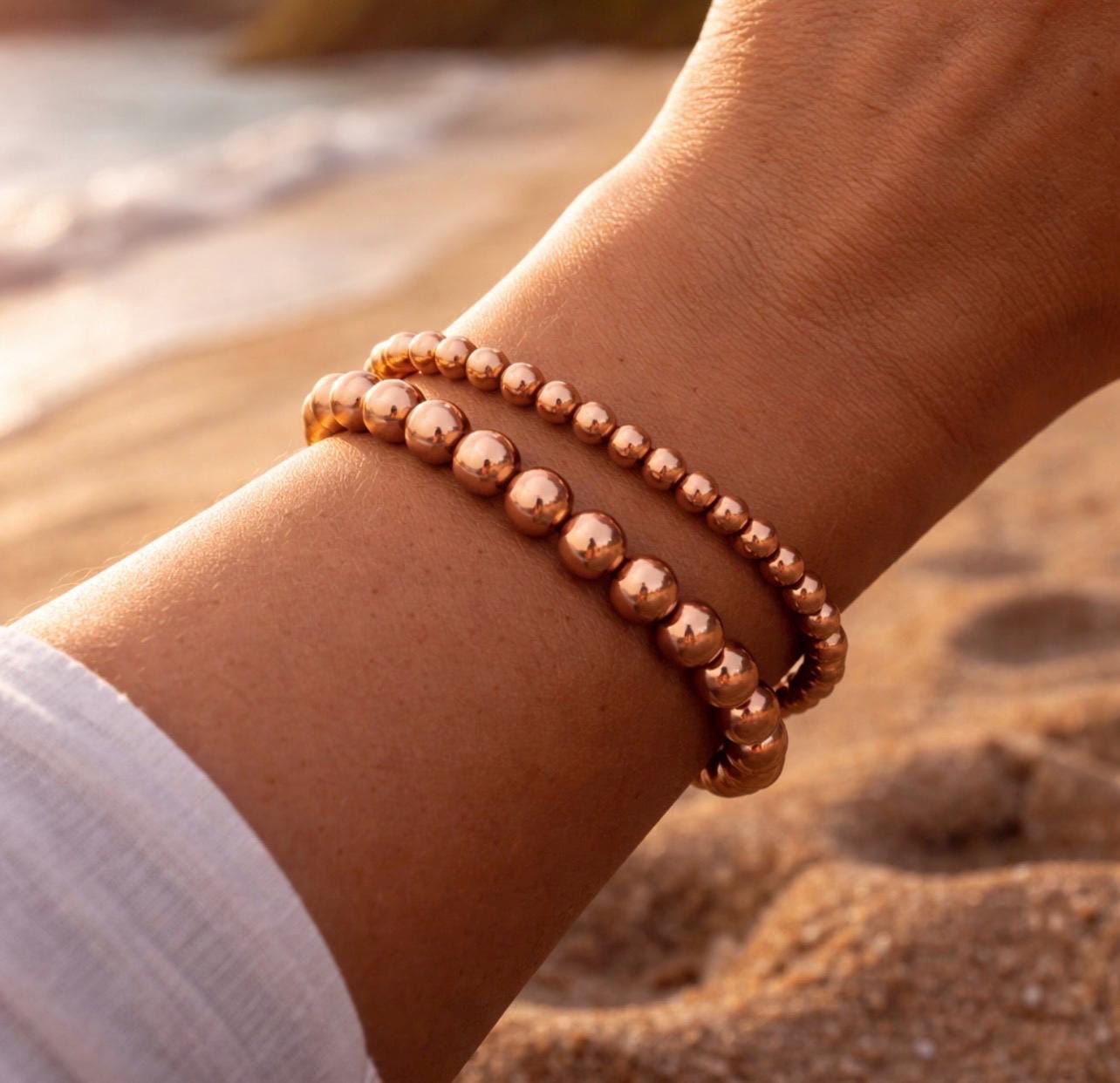 Copper Bead Bracelets Set, 8mm 6mm His Hers Matching Minimalist Stretch Jewelry