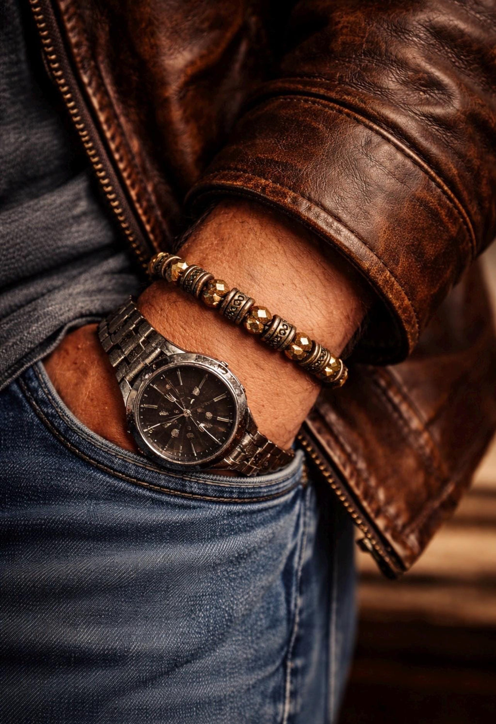 Mens Bronze Beaded Bracelet, Aztec Tribal Design, Stretch Jewelry