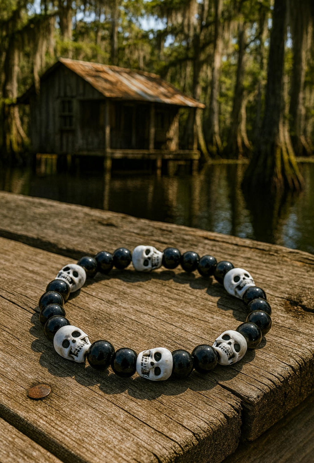 Skull Bracelet: Black Onyx Pirate Beads