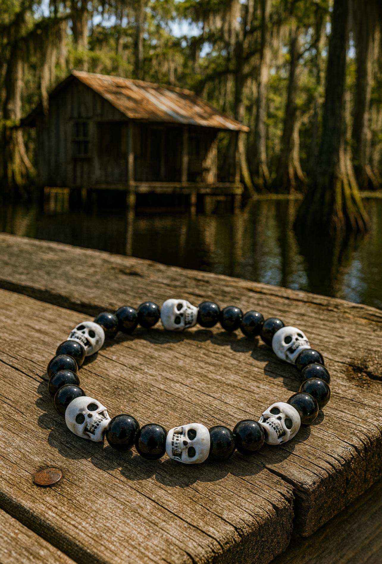Skull Bracelet: Black Onyx Pirate Beads
