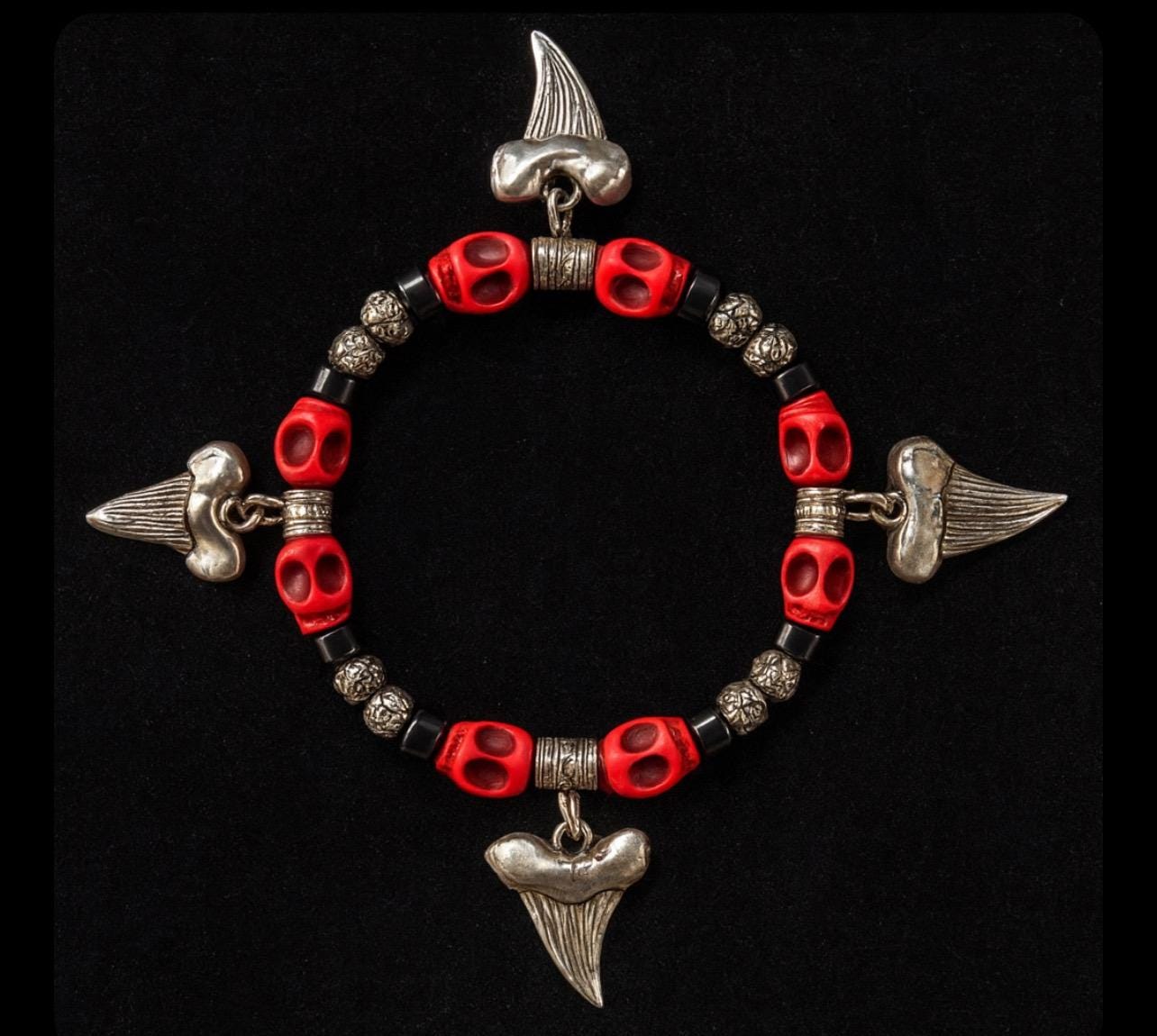 BRACELET FROM - PIRATE COLLECTION  - Red Skulls and Silver Shark Teeth