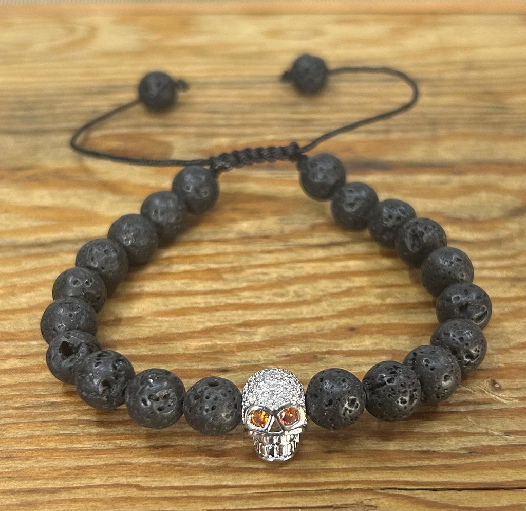Pirate Collection. Captain Black Skull Lava Bracelet Collection | Silver Skull Bead Bracelet for Men