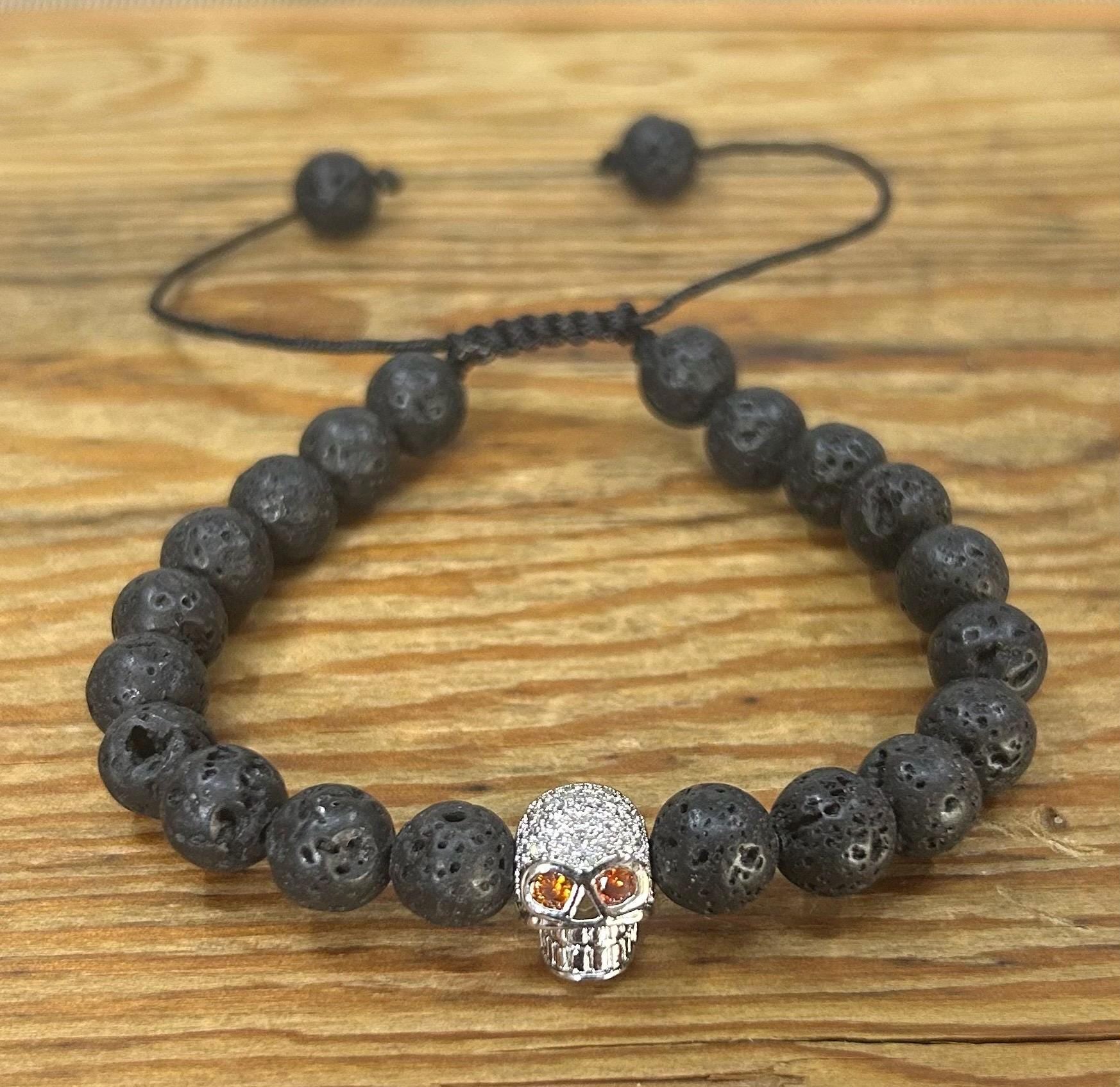 Pirate Collection. Captain Black Skull Lava Bracelet Collection | Silver Skull Bead Bracelet for Men