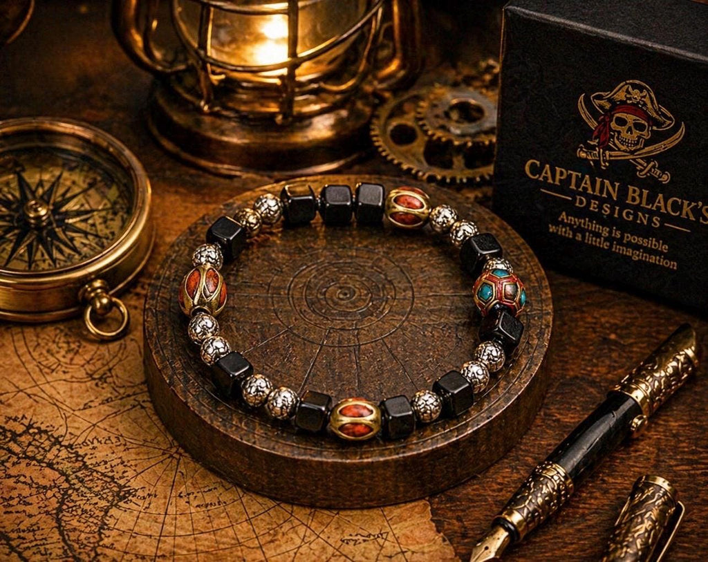 Atlas Forge Men’s Bracelet – Black Cube Beads, Silver Accents, Artisan Focal Beads