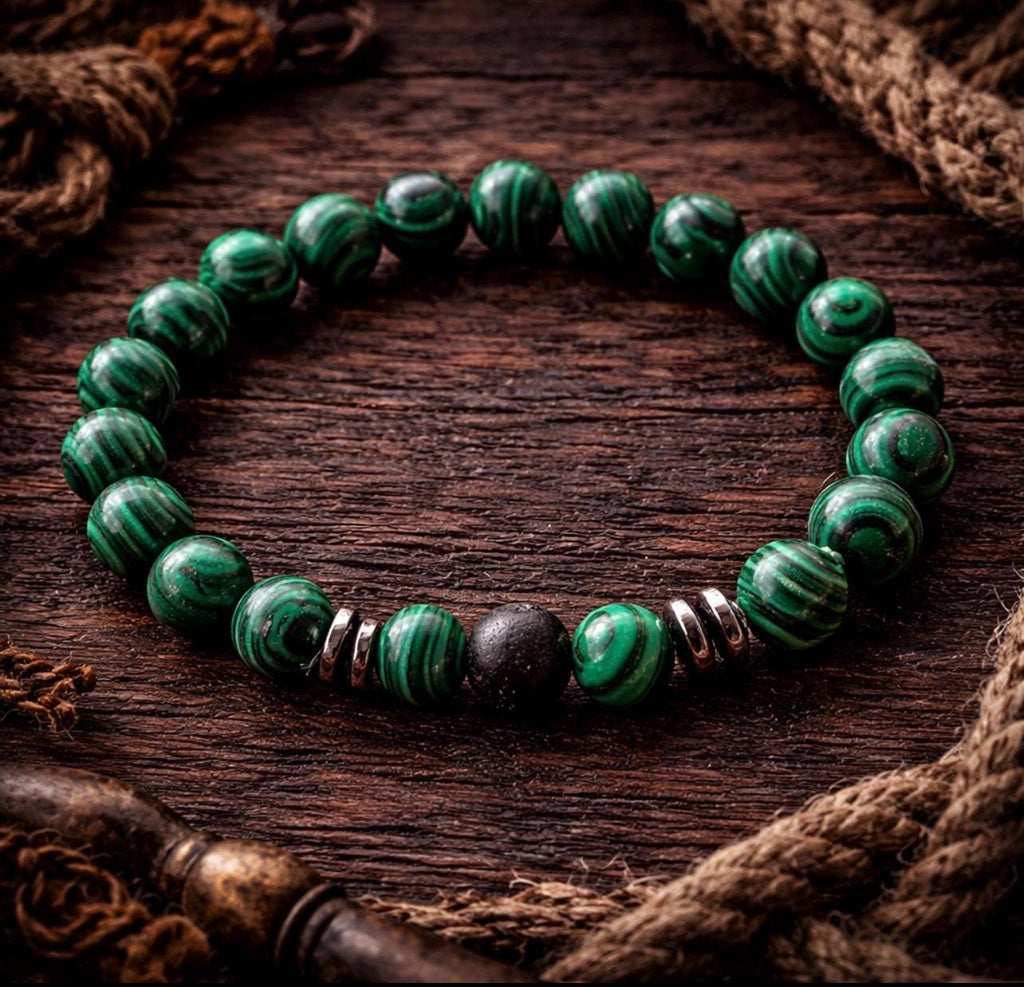 Green Malachite and Black Lava Bead Bracelet with Silver Accents – Stylish Statement Jewelry
