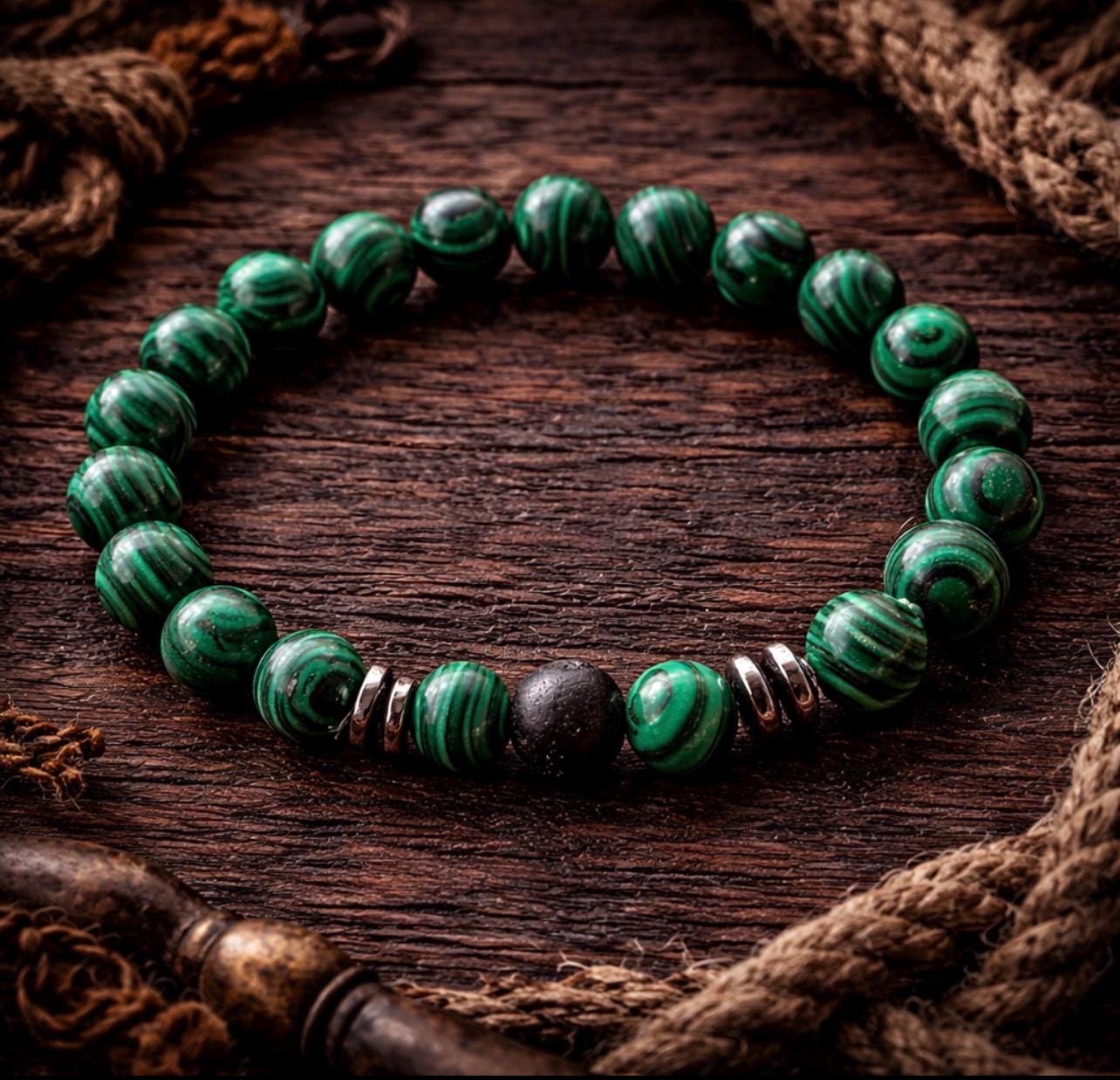 Green Malachite and Black Lava Bead Bracelet with Silver Accents – Stylish Statement Jewelry