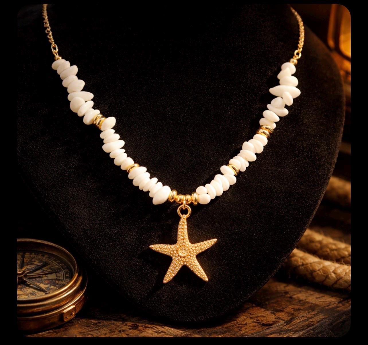 White Shell Starfish Necklace, Gold Beach Jewelry, Ocean Inspired Summer Chain