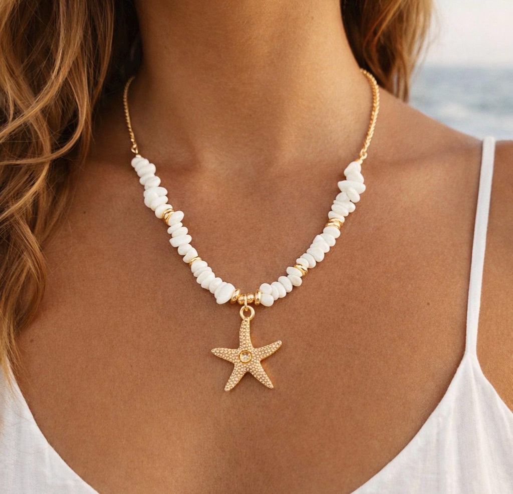 White Shell Starfish Necklace, Gold Beach Jewelry, Ocean Inspired Summer Chain
