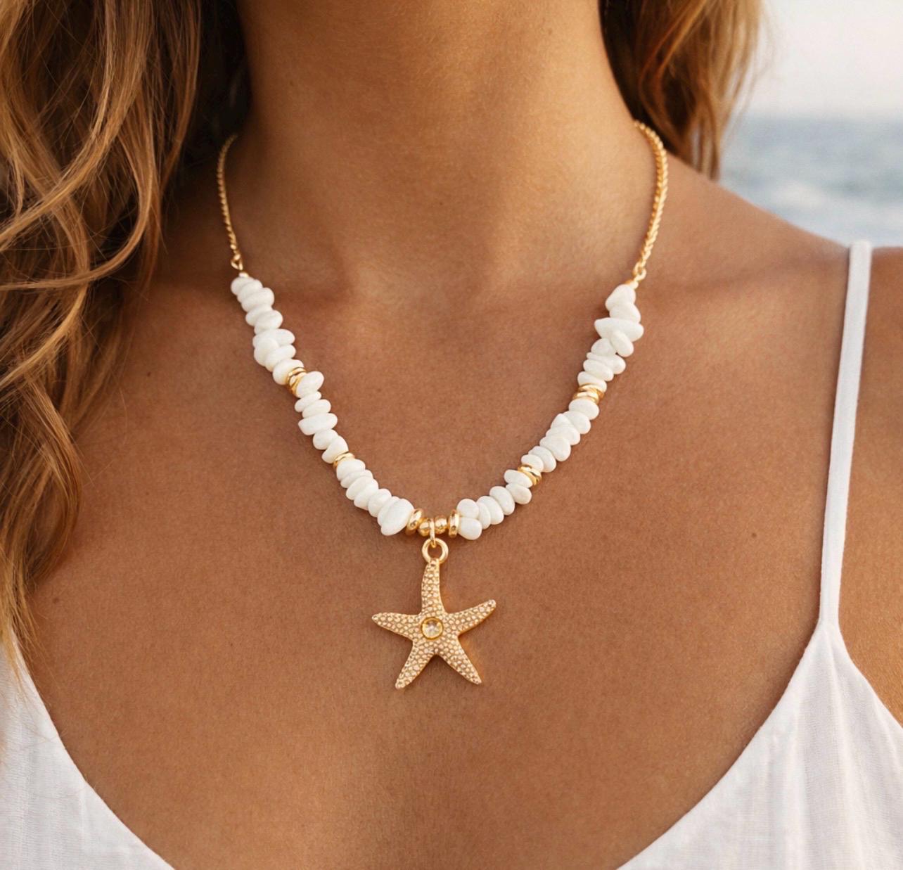 White Shell Starfish Necklace, Gold Beach Jewelry, Ocean Inspired Summer Chain