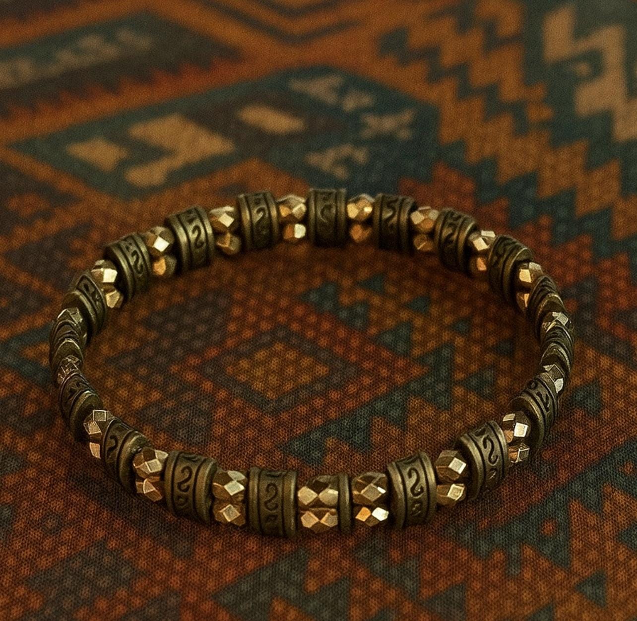 Mens Bronze Beaded Bracelet, Aztec Tribal Design, Stretch Jewelry