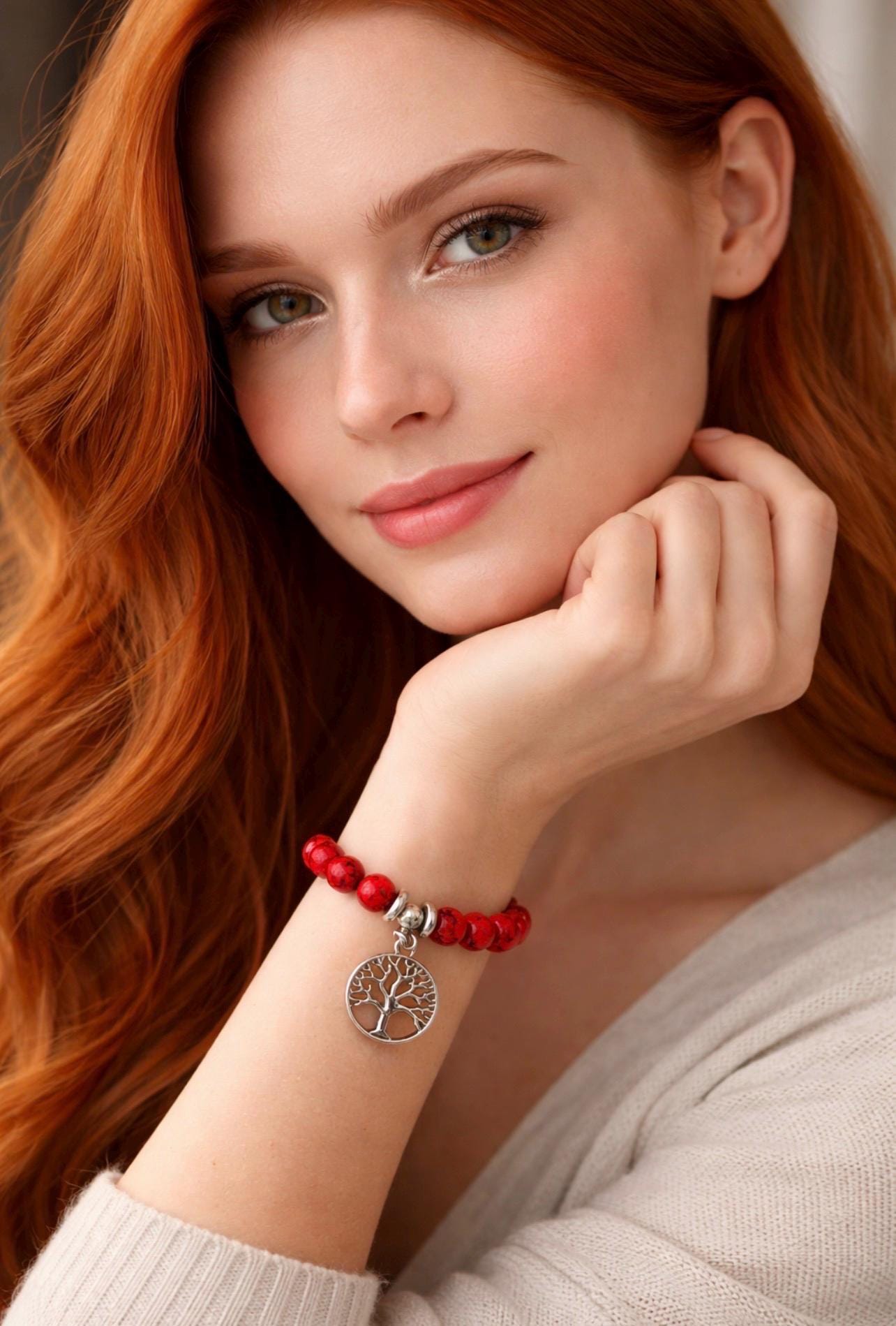 Red Beaded Bracelet with Silver Tree of Life Charm – Boho Style