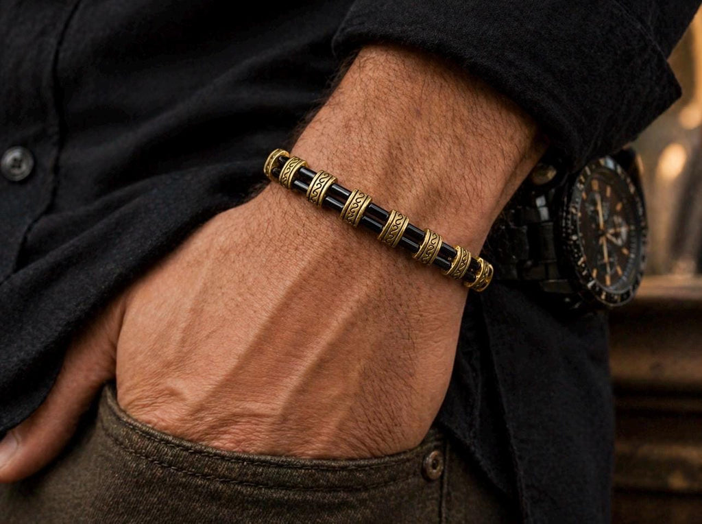 Black Gold Tribal Bracelet, Warrior Style Statement Jewelry, Men's Accessory