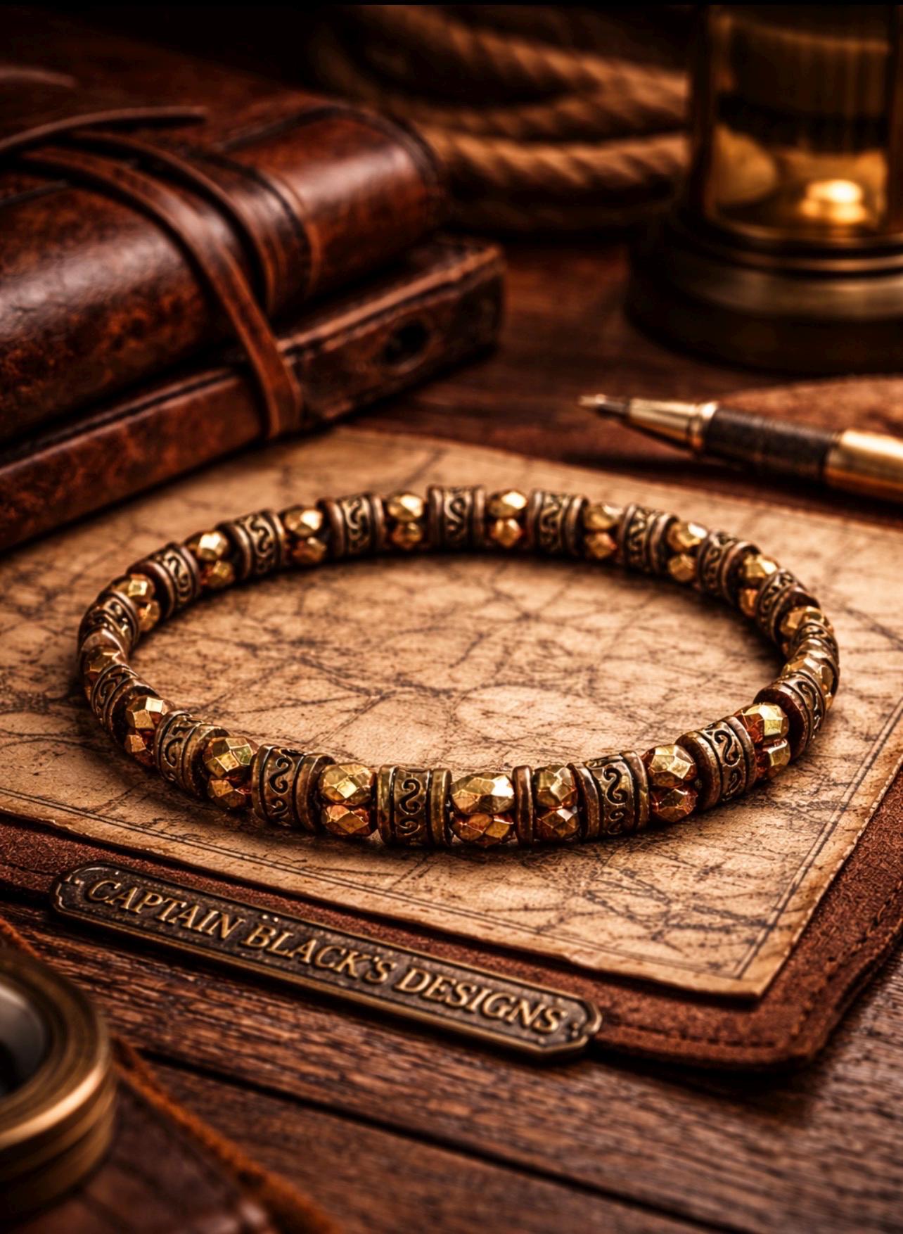 Mens Bronze Beaded Bracelet, Aztec Tribal Design, Stretch Jewelry