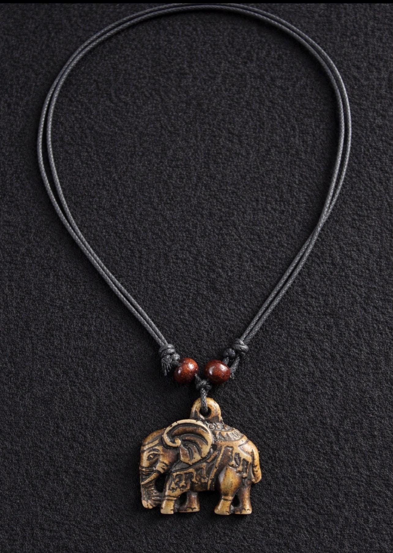 Adjustable Elephant Necklace, Carved Pendant, Tribal Style Jewelry