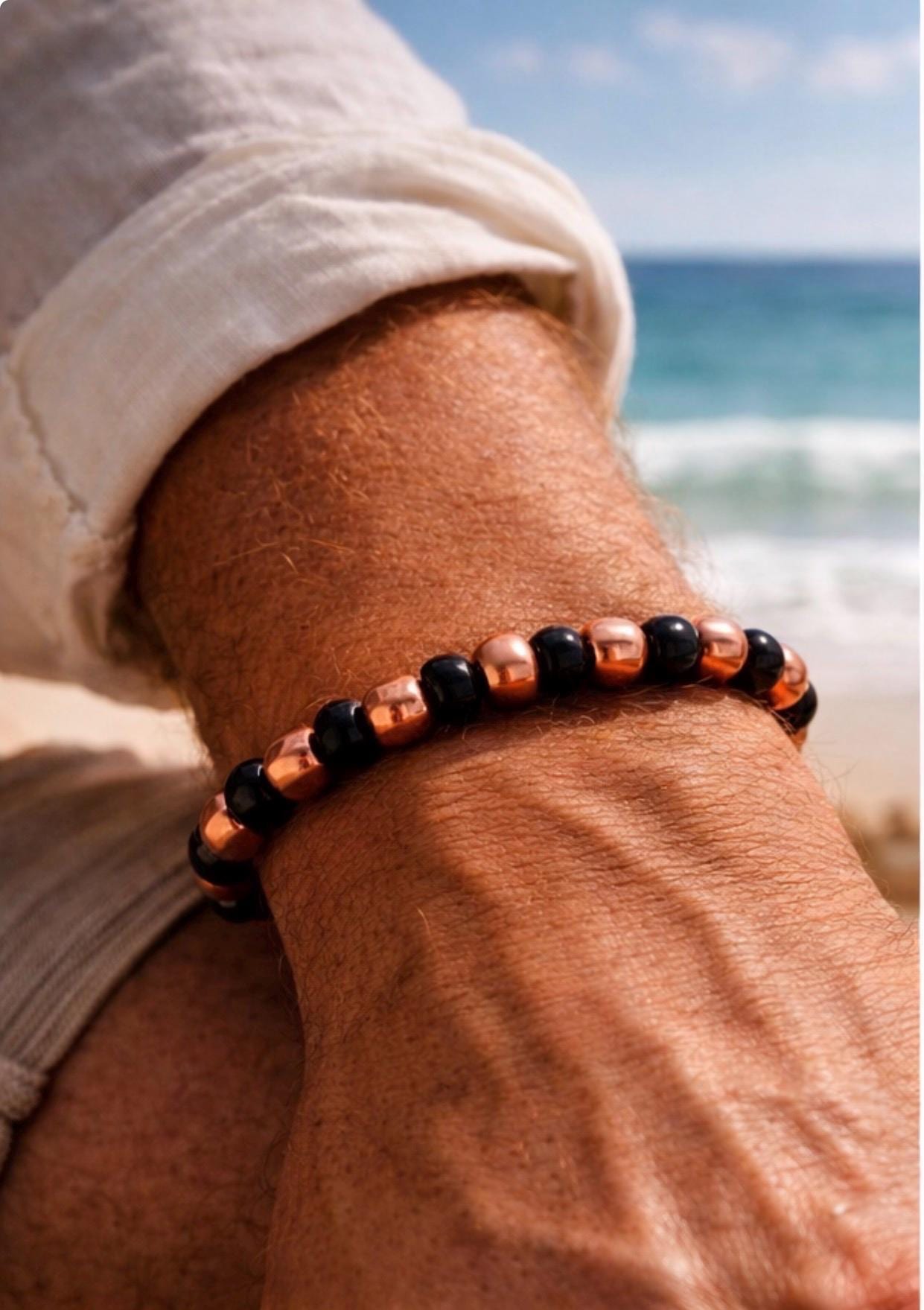 Mens Copper Black Beaded Bracelet | Captain Black Designs Stretch Jewelry