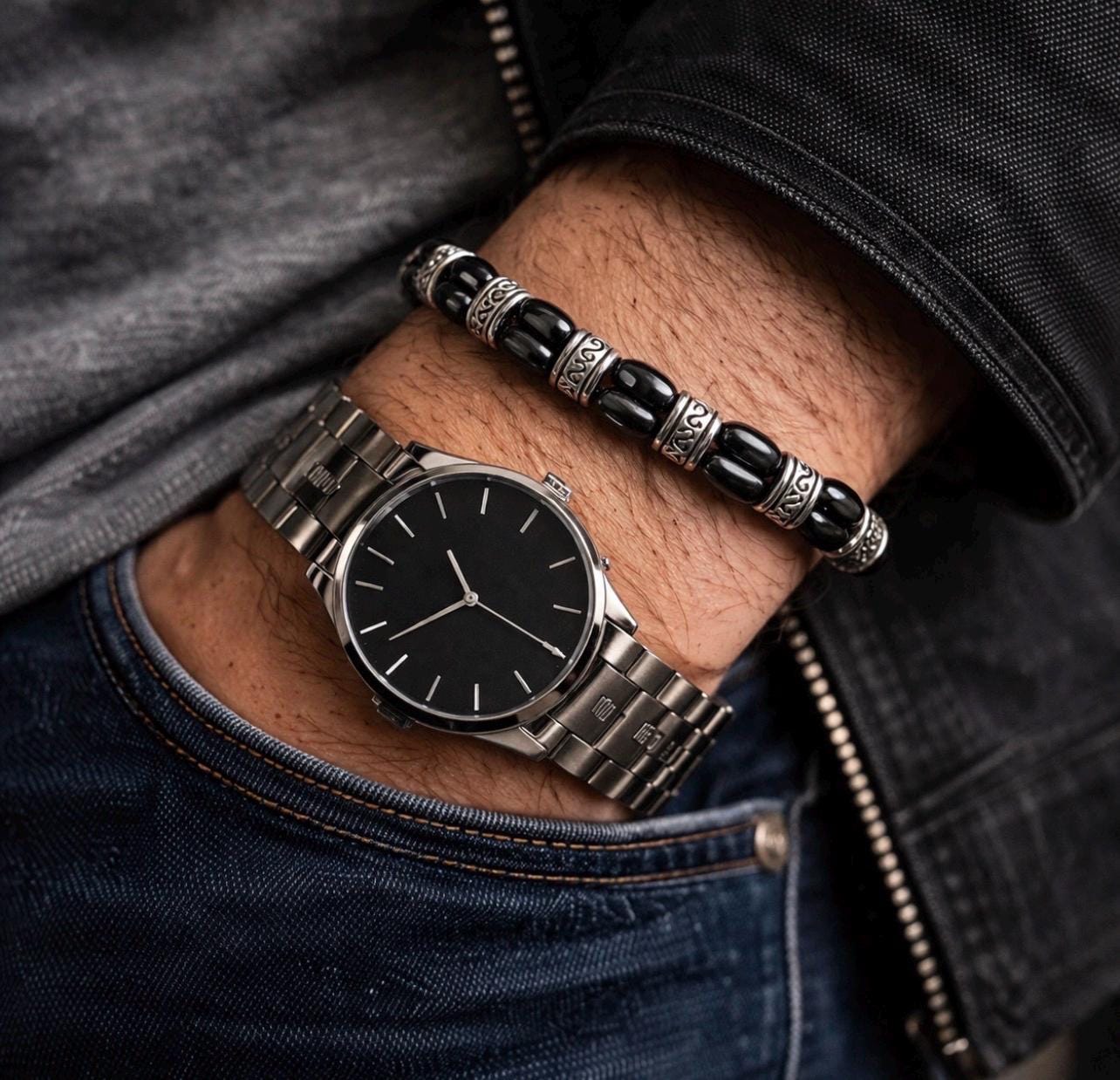 Men's Black Oval Bead Bracelet, Engraved Silver Spacers, Tribal Style Jewelry