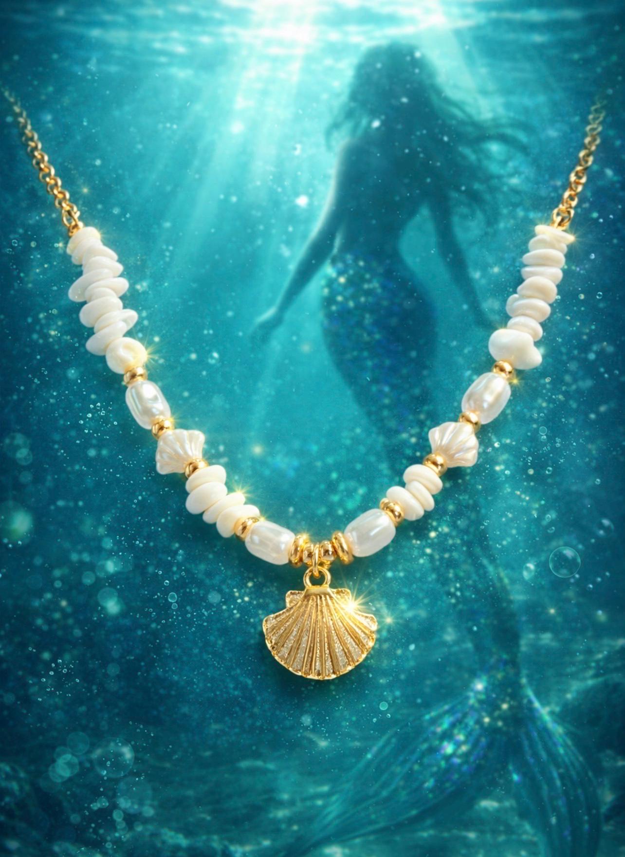 White Stone and Golden Clam Shell  Necklace, Gold Beach Jewelry, Ocean Inspired Summer Chain