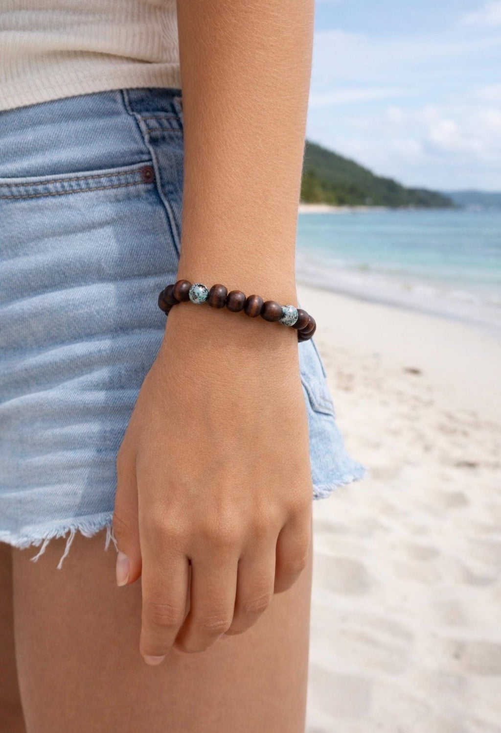Bamboo Bead Bracelet with Silver Spacers, Beach Summer Jewelry