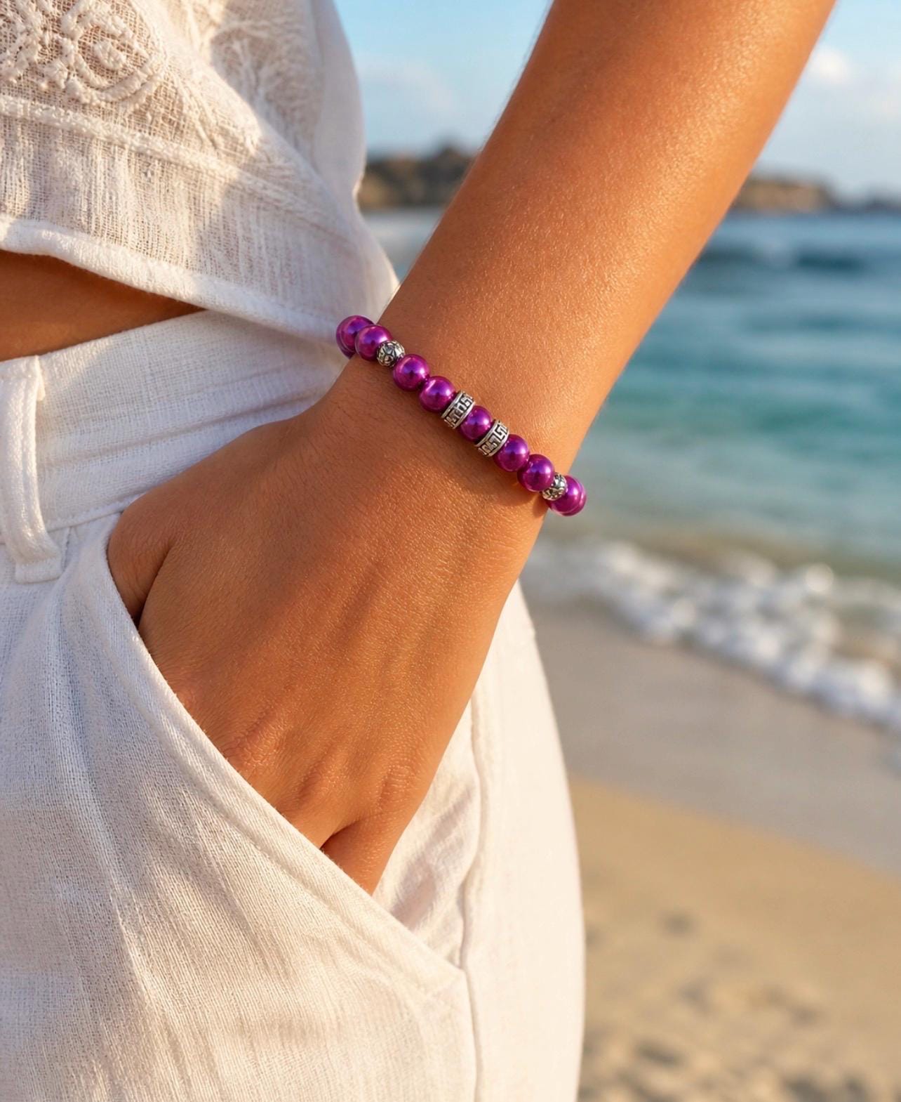 Purple Magenta Beaded Bracelet – Silver Accents Handmade Jewelry