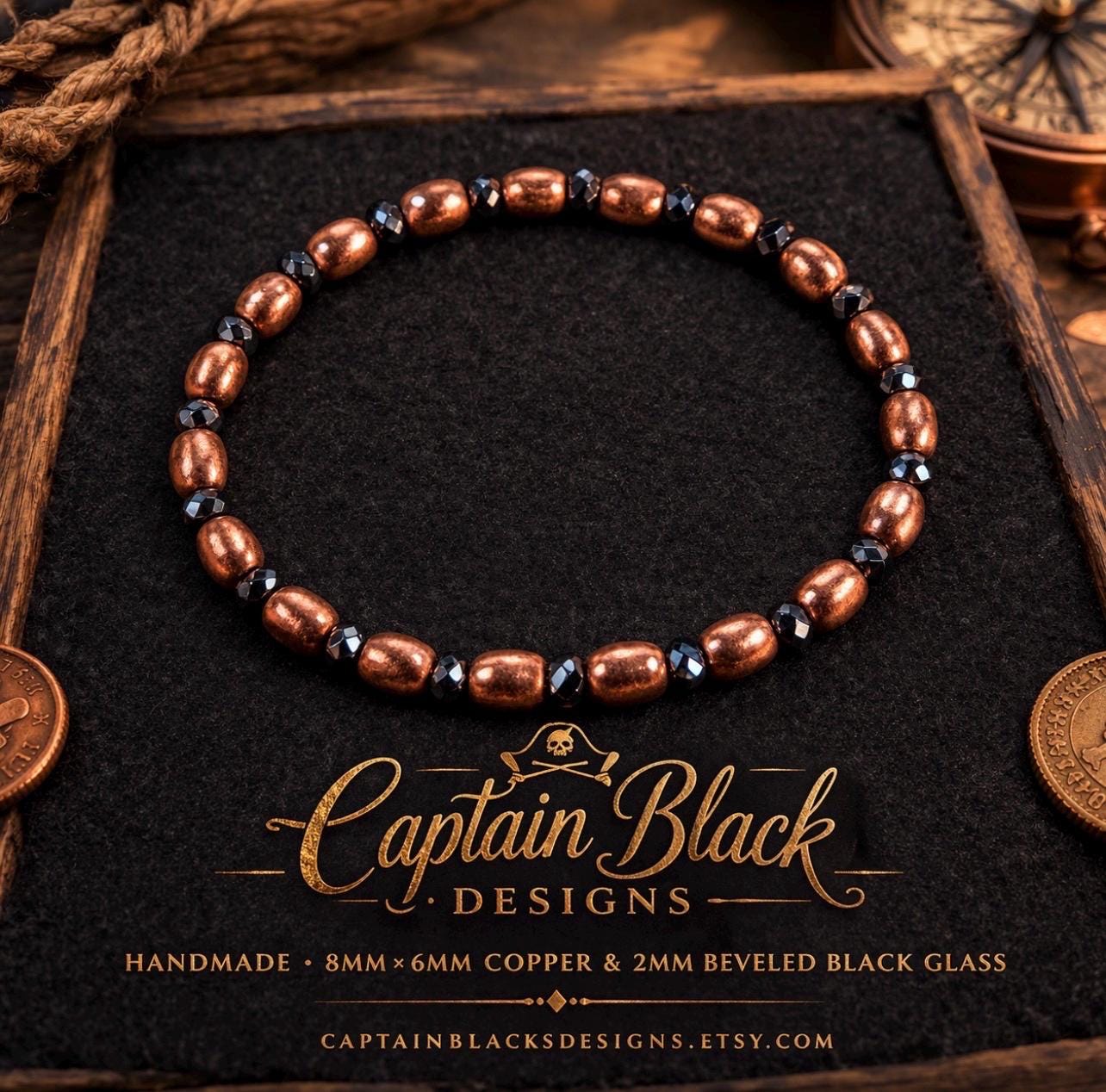 Copper Black Beaded Bracelet | Oval Copper, Faceted Glass, Minimalist Stackable Jewelry