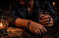Crimson Corsair Bracelet – Red Marbled Beads, Twin Skull Centerpiece, Pirate Biker Jewelry