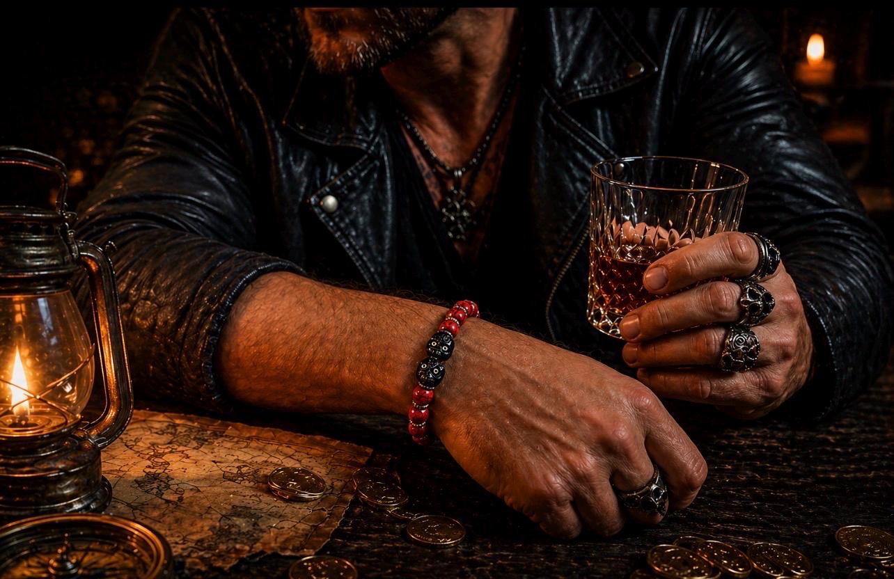 Crimson Corsair Bracelet – Red Marbled Beads, Twin Skull Centerpiece, Pirate Biker Jewelry