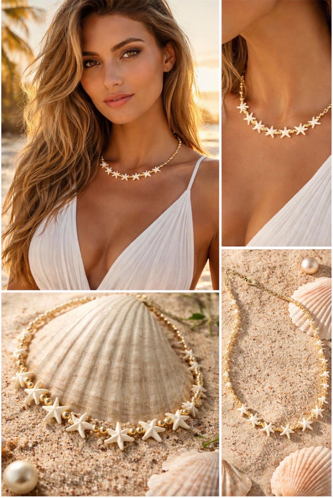 White Starfish Choker with Gold Accents and Chain Necklace