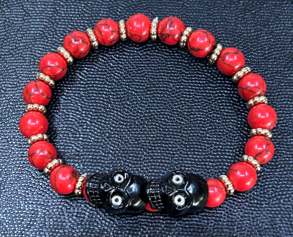 Crimson Corsair Bracelet – Red Marbled Beads, Twin Skull Centerpiece, Pirate Biker Jewelry