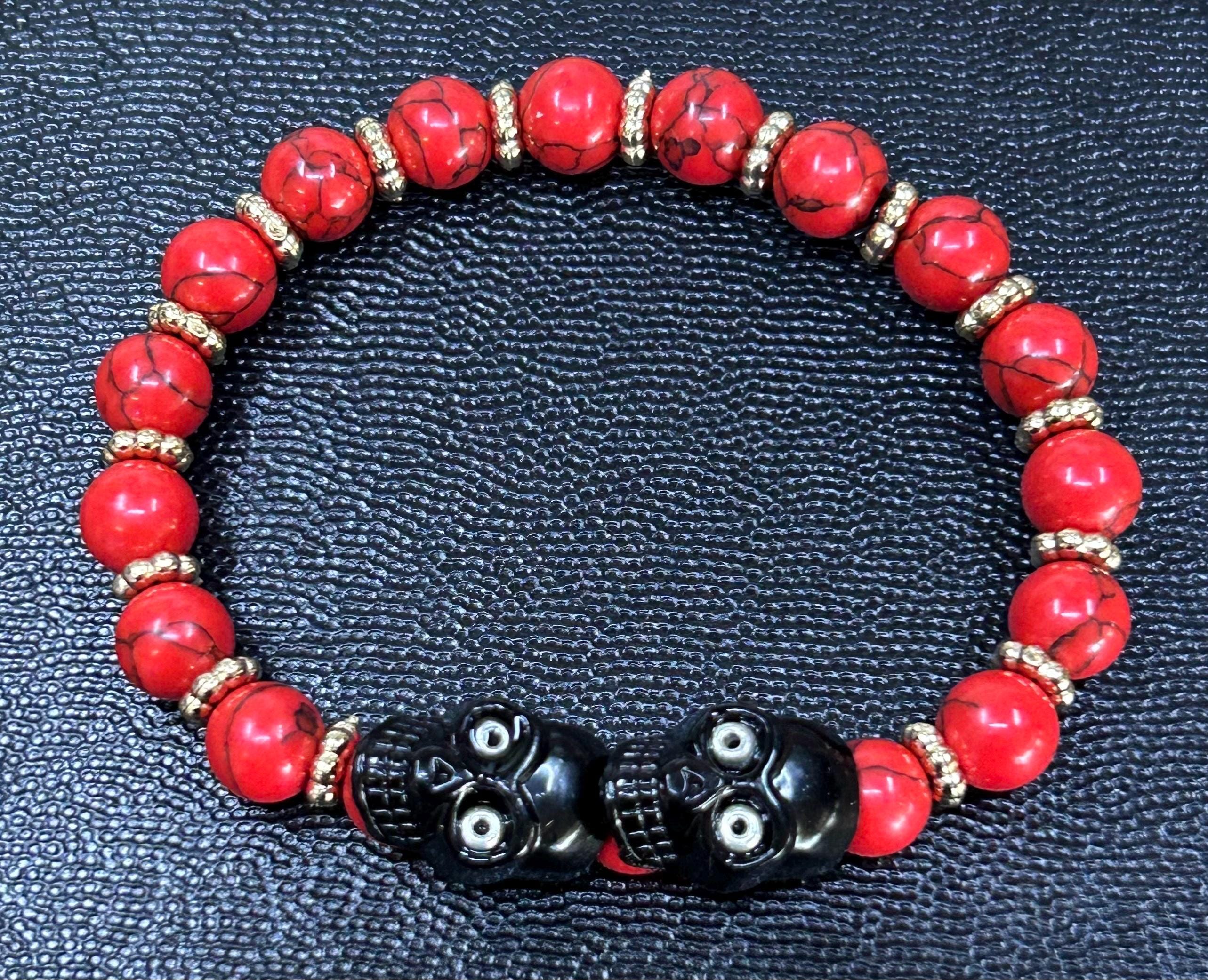 Crimson Corsair Bracelet – Red Marbled Beads, Twin Skull Centerpiece, Pirate Biker Jewelry