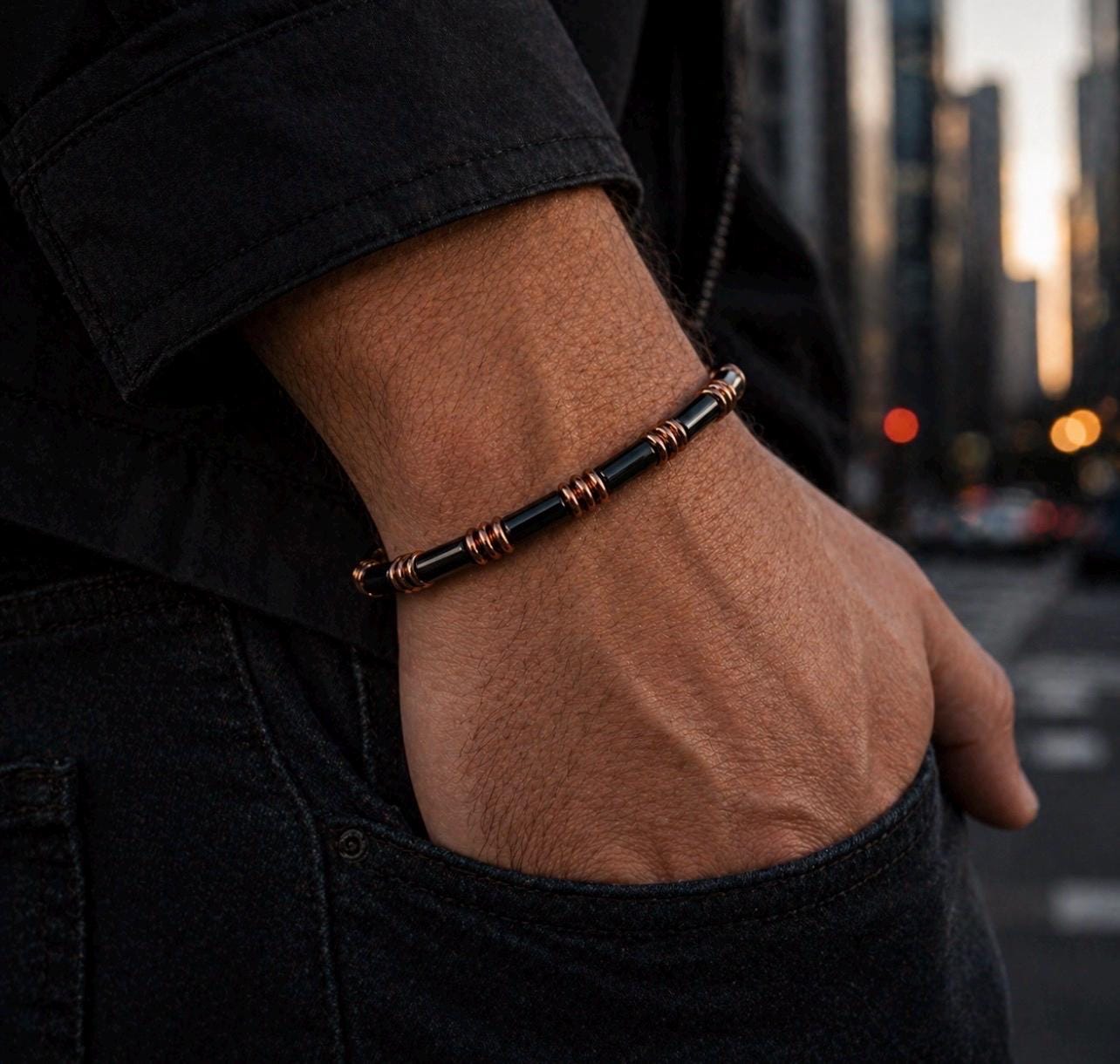 Copper Vector Bracelet – Black Tube Beads, Industrial Minimalist Jewelry