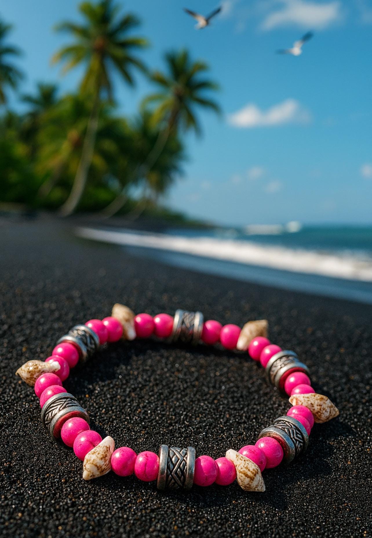 Pink Beaded Beach Bracelet with Conch shells and silver/black spacers