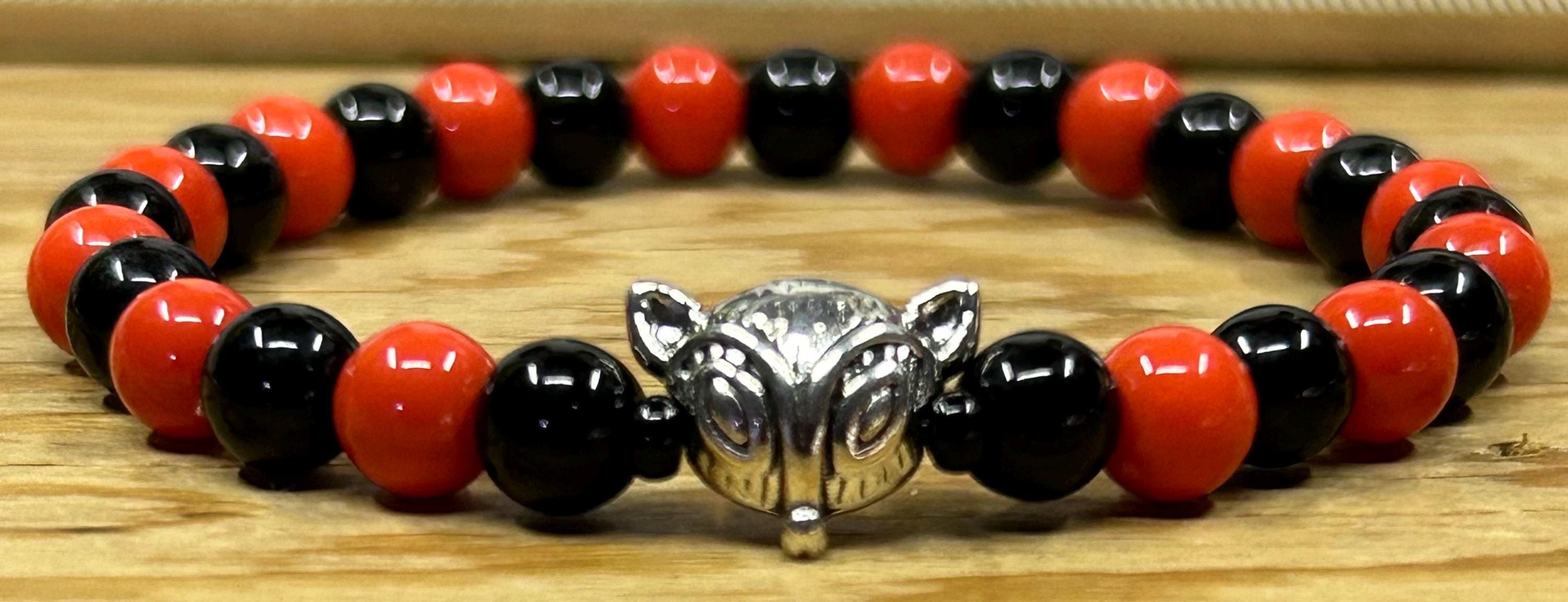 Silver Fox Head Bracelet: Black & Orange Bead Jewelry